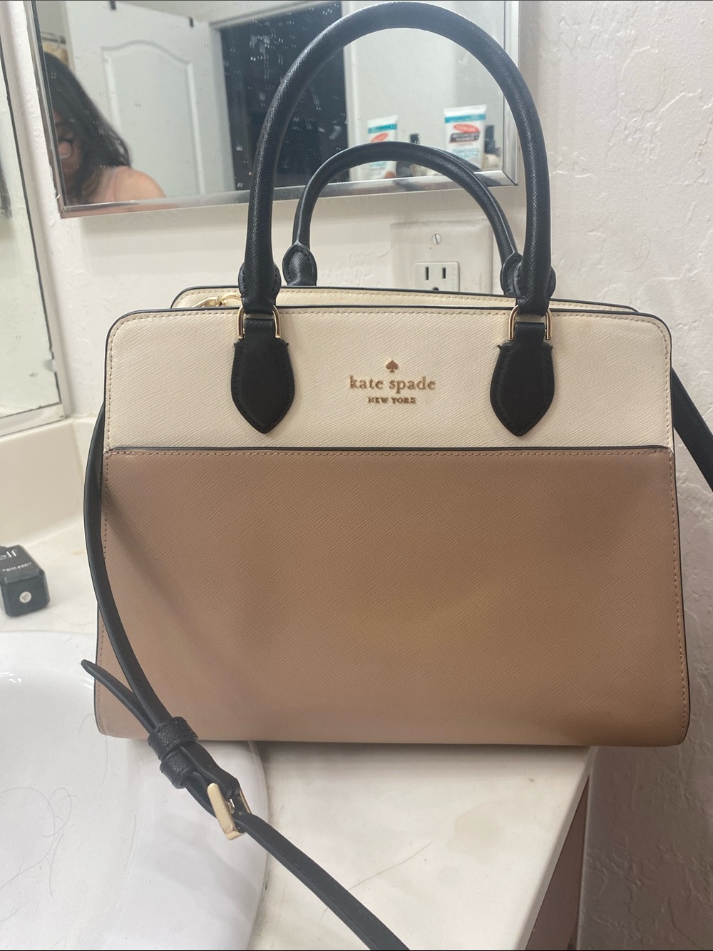 kate spade Two-Tone Cream & Beige Satchel with Black Handles - Picture 3 of 8